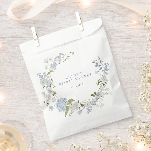 Delicate Blue Floral Wreath Bridal Shower Favour Bags (Clipped)