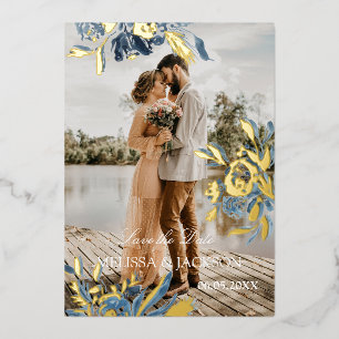 Delicate Blue Flower and Gold Bloom Save the Date