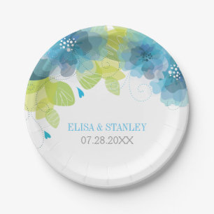 Delicate blue flowers floral spring wedding paper plate