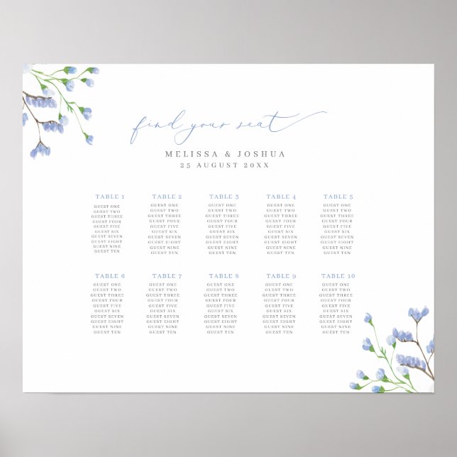 Delicate Blue Flowers Script Wedding Seating Chart (Front)