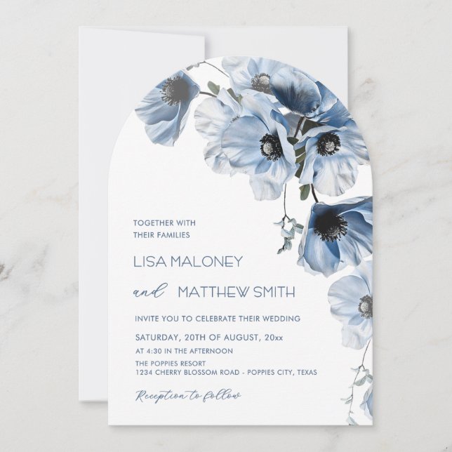 Delicate Blue Flowers White Wedding Invitation (Front)