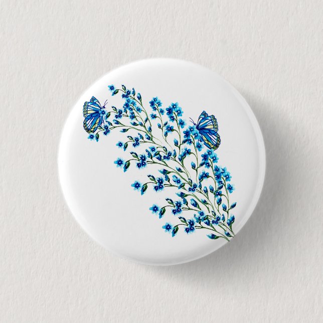 Delicate blue flowers with butterfly 3 cm round badge (Front)