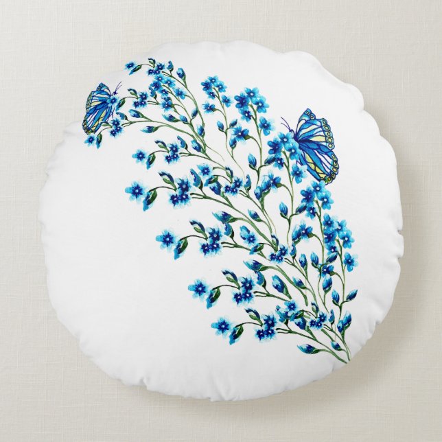 Delicate blue flowers with butterfly round cushion (Front)