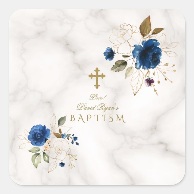 Delicate Blue Gold Flowers Gold Cross Baptism Square Sticker (Front)