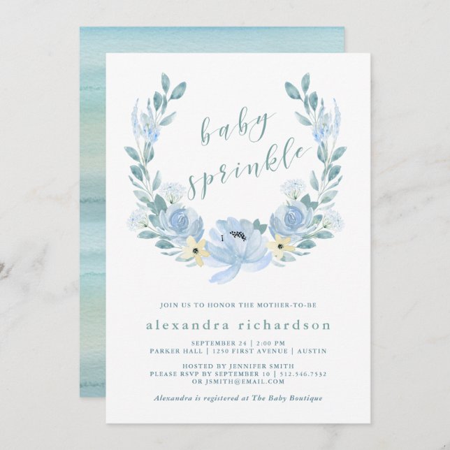 Delicate Blue | Watercolor Floral Baby Sprinkle Invitation (Front/Back)