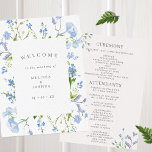 Delicate Blue Watercolor Floral Wedding Flat Programme<br><div class="desc">Elegant flat wedding programs with a delicate floral watercolor frame in blue and white.  Personalise with your ceremony details in grey.</div>