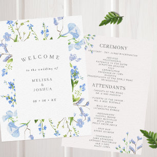Delicate Blue Watercolor Floral Wedding Flat Programme