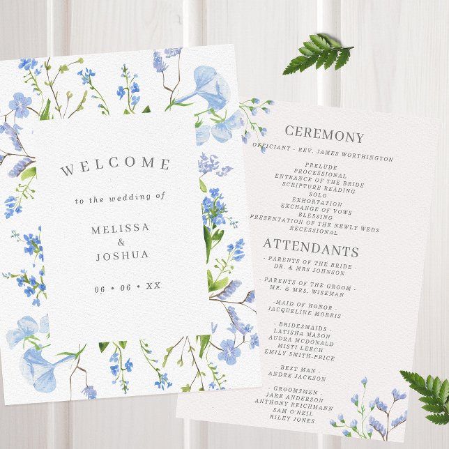Delicate Blue Watercolor Floral Wedding Flat Programme (Creator Uploaded)