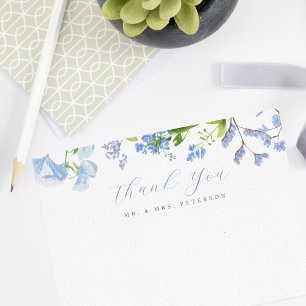 Delicate Blue Wild Flowers Script Wedding Flat Tha Thank You Card