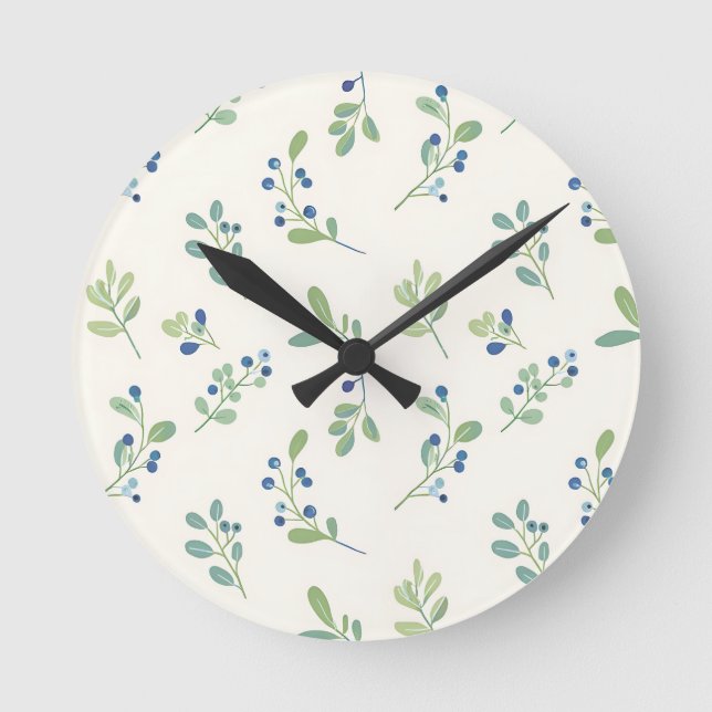 Delicate Blueberry Eucalyptus Pattern Round Clock (Front)