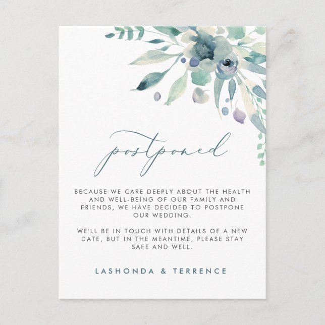 Delicate Blues Floral Wedding Postponement Announcement Postcard (Front)