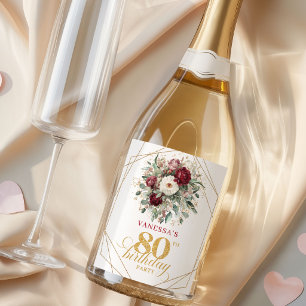 Delicate Blush Burgundy 80th Birthday Champagne Sparkling Wine Label