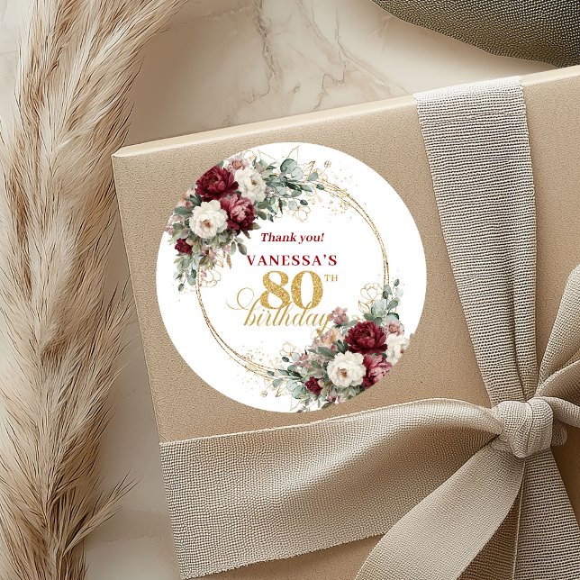 Delicate Blush Burgundy 80th Birthday Stickers (Delicate Blush Burgundy 80th Birthday Stickers)