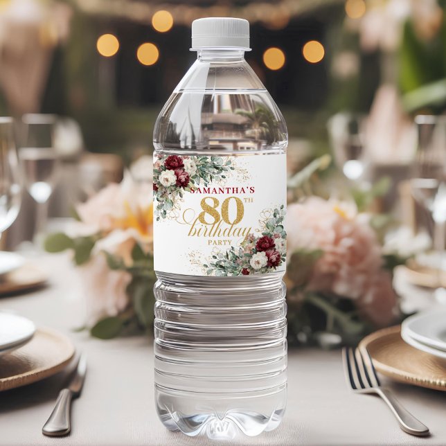 Delicate Blush Burgundy 80th Birthday Water Labels (Delicate Blush Burgundy 80th Birthday Water Labels)