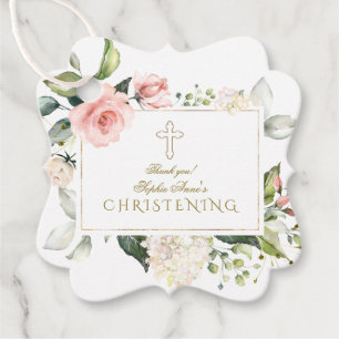 Delicate Blush Cream Floral Gold Cross Christening Favour Tags