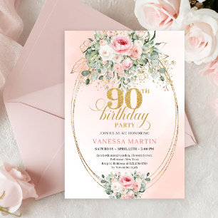 Delicate Blush Floral Greenery Elegant 90 Birthday Invitation