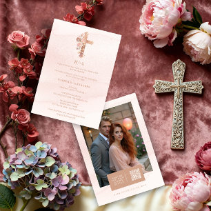 Delicate Blush Glitter Christian Cross Wedding Invitation