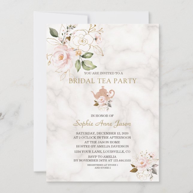 Delicate Blush Gold Floral Bridal Shower Tea Party Invitation (Front)