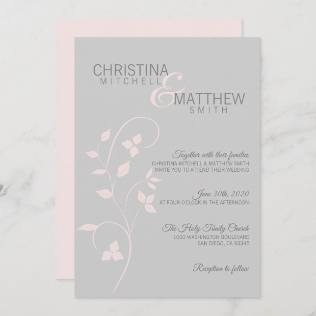 Delicate Blush Pink Dusty Rose & Grey Vine Wedding Invitation (Front/Back)