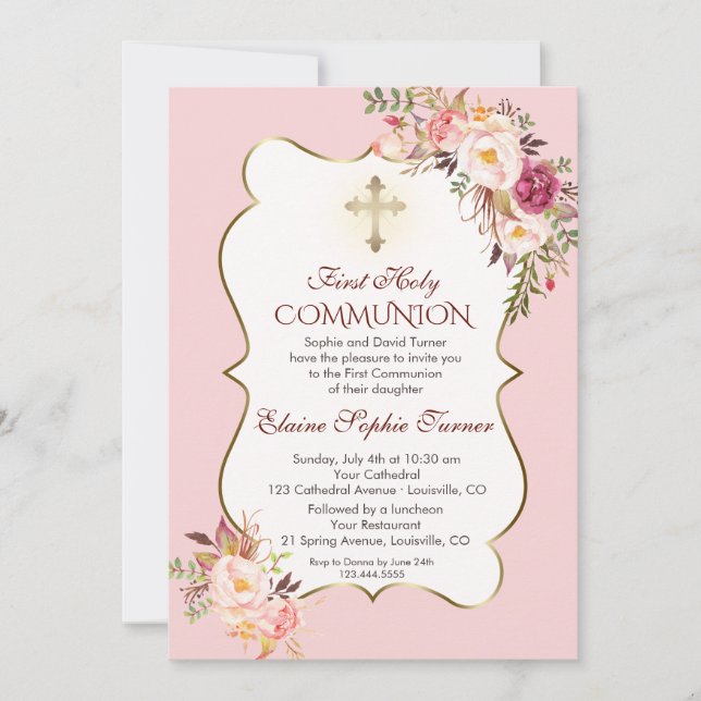 Delicate Blush Pink Floral First Holy Communion Invitation (Front)