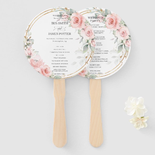 Delicate Blush Pink Floral Gold Wedding Program Hand Fan (Front and Back)