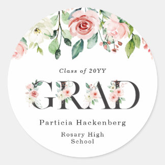 Delicate Blush Pink Floral Letters Graduation  Classic Round Sticker