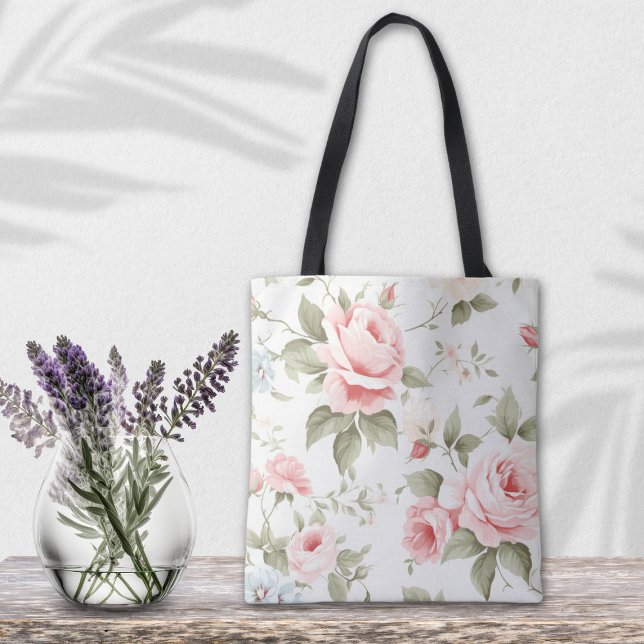 Delicate Blush Pink Rose All - over - print  Tote Bag (Beautiful blush pink rose all over print Tote Bag for Woman, Bridesmaids, Flower girls and more...)