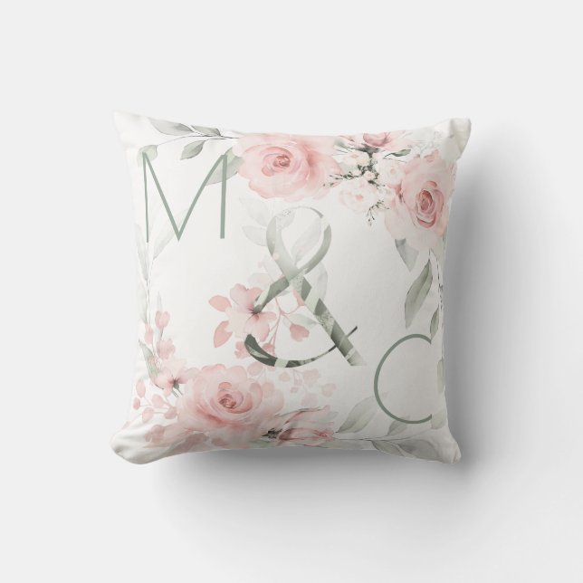 Delicate Blush Pink Rose Monogram Cushion (Front)