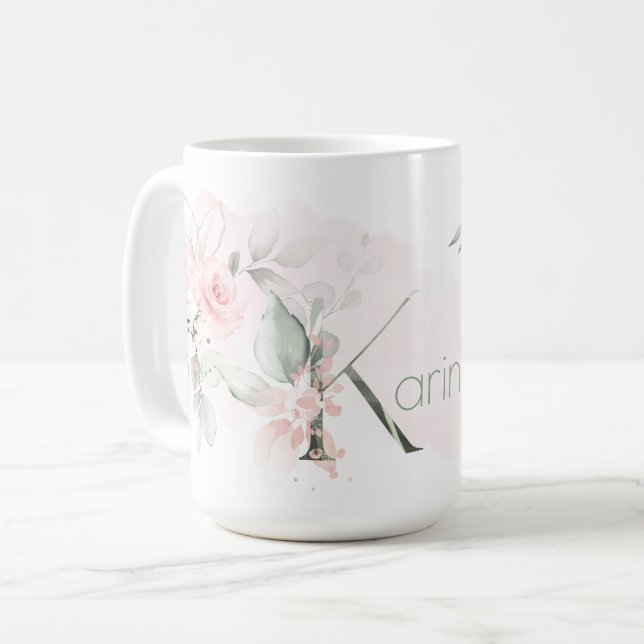 Delicate Blush Pink Rose Monogram Letter K Coffee Mug (Front Left)