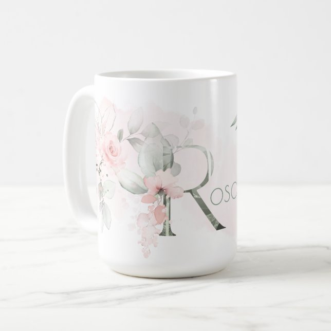 Delicate Blush Pink Rose Monogram Letter R Coffee Mug (Front Left)