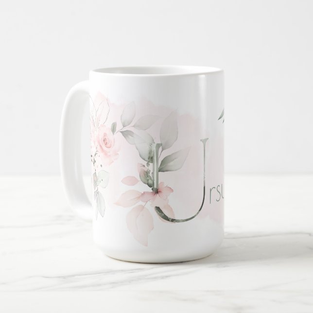 Delicate Blush Pink Rose Monogram Letter U Coffee Mug (Front Left)