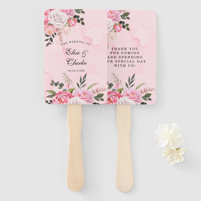 Delicate Blush Pink White Watercolor Peony Wedding Hand Fan (Front and Back)