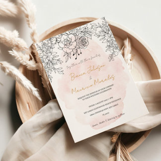Delicate Blush Wash with Modern Black Botanical  Invitation