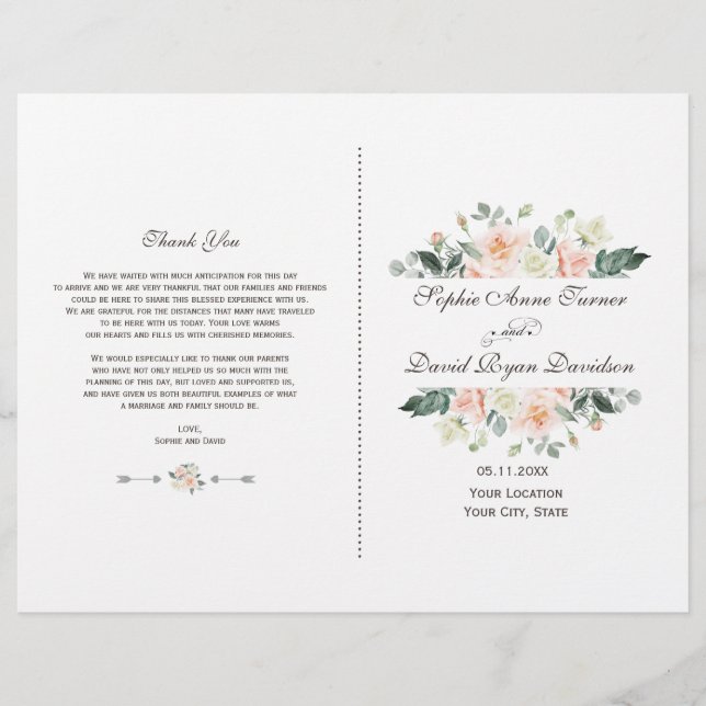 Delicate Blush White Cream Flowers Wedding Program (Front)