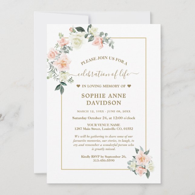 Delicate Blush White Flowers Funeral Memorial Invitation (Front)