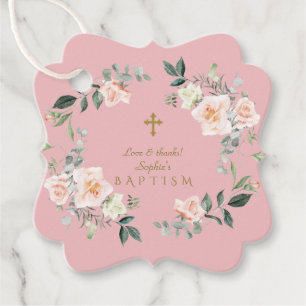 Delicate Blush White Flowers Gold Girl Baptism Favour Tags