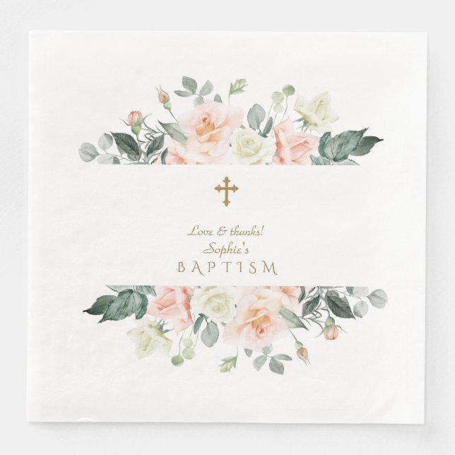 Delicate Blush White Flowers Gold Girl Baptism Napkin (Front)