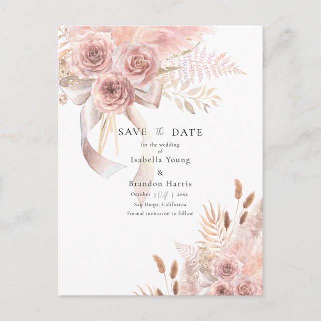Delicate Bohemian Pink Floral Save the Date Postca Postcard (Front)