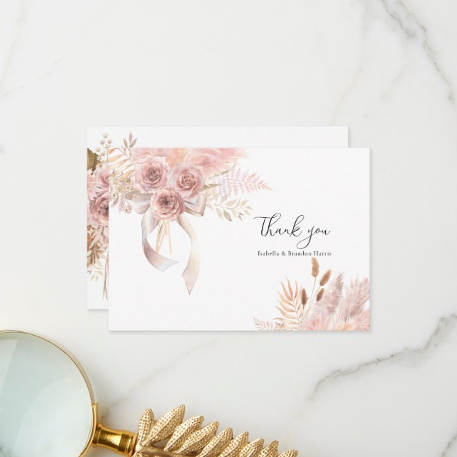 Delicate Bohemian Pink Floral Thank You Card (Front/Back In Situ)