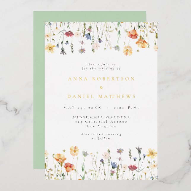 Delicate Boho Wildflower Wedding Foil Invitation (Front/Back)