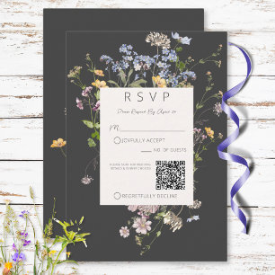 Delicate Boho Wildflowers Charcoal Wedding QR Code RSVP Card