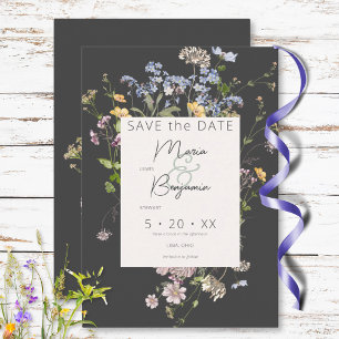 Delicate Boho Wildflowers Charcoal Wedding Save The Date