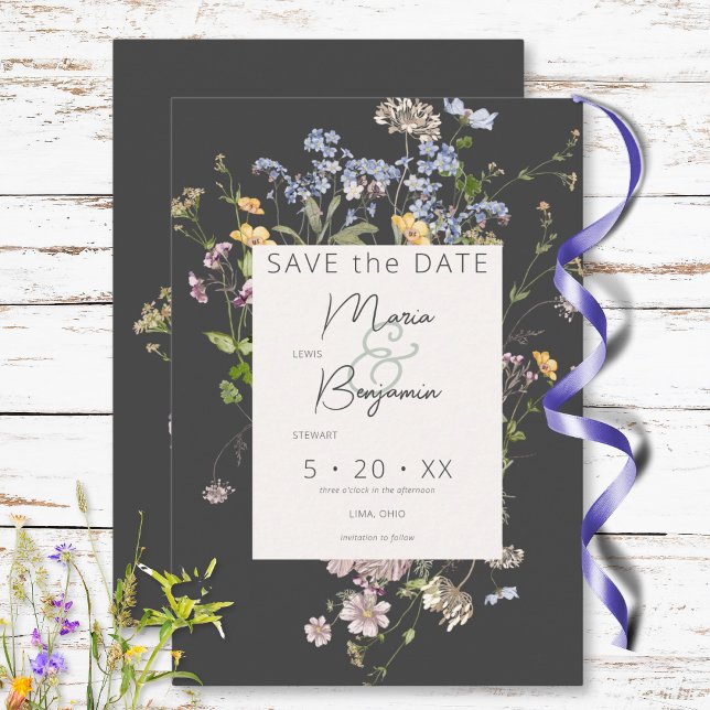 Delicate Boho Wildflowers Charcoal Wedding Save The Date (Delicate Boho Wildflowers Charcoal Wedding Save The Date)