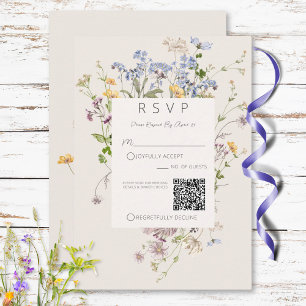Delicate Boho Wildflowers Cream QR Code Wedding RSVP Card