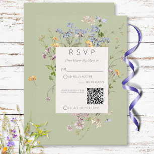 Delicate Boho Wildflowers Green QR Code Wedding RSVP Card