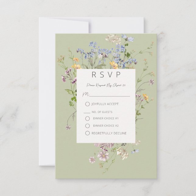 Delicate Boho Wildflowers Green Wedding RSVP Card (Front)