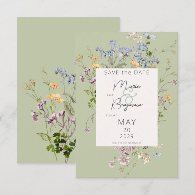 Delicate Boho Wildflowers Green Wedding Save The Date (Front/Back)