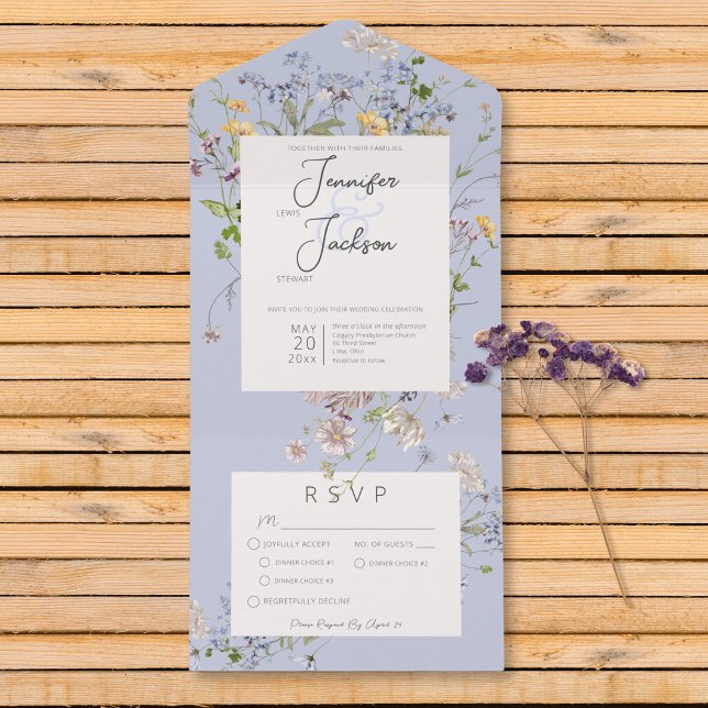 Delicate Boho Wildflowers Periwinkle Dinner All In One Invitation (Delicate Boho Wildflowers Periwinkle Dinner All In One Invitation)