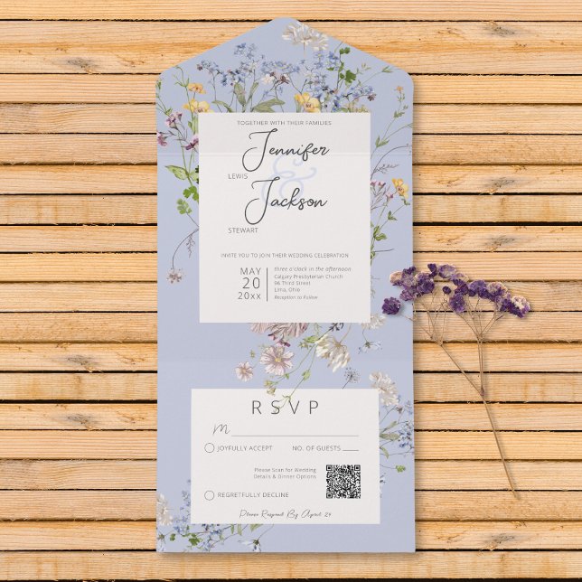 Delicate Boho Wildflowers Periwinkle QR Code All In One Invitation (Delicate Boho Wildflowers Periwinkle QR Code All In One Invitation)