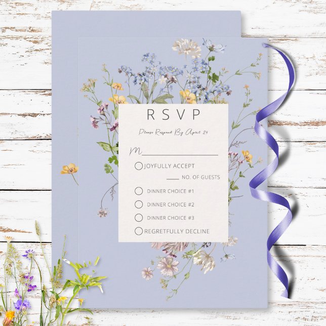 Delicate Boho Wildflowers Periwinkle Three Dinner RSVP Card (Delicate Boho Wildflowers Periwinkle Three Dinner RSVP Card)